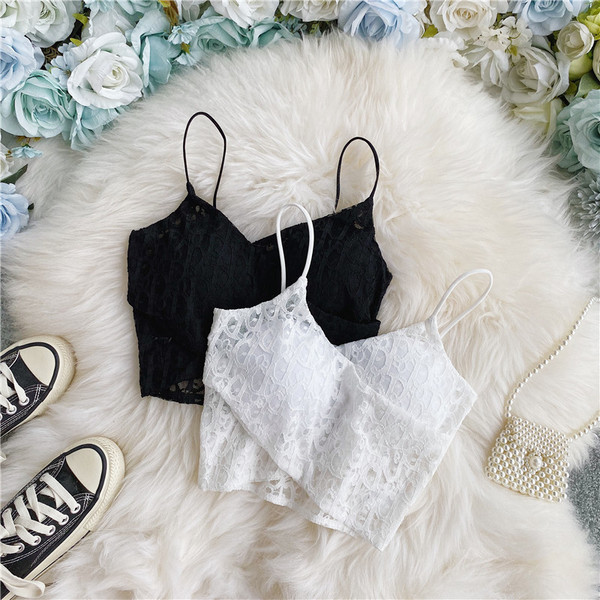 Lühike naiste pitsiline õhukeste rihmadega topp – spits-kaelus