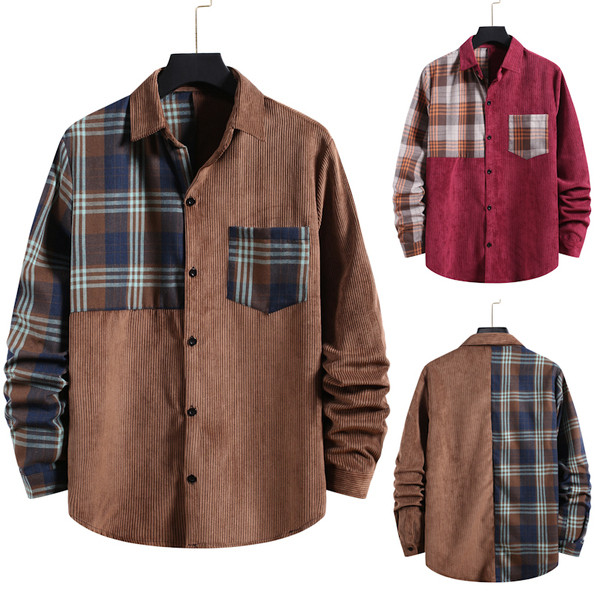 Modern férfi kordbársony ing zsebbel és klasszikus gallérral