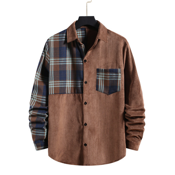 Modern férfi kordbársony ing zsebbel és klasszikus gallérral