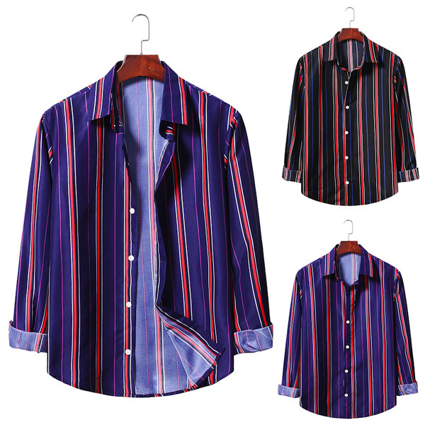 Csíkos férfi ing gombokkal és klasszikus gallérral