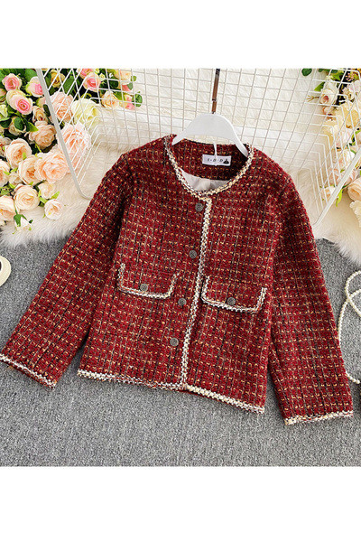 Kockás női rövid kabát piros gombokkal