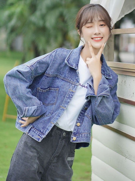 Naiste vabaaja teksajakk klassikalise kraega