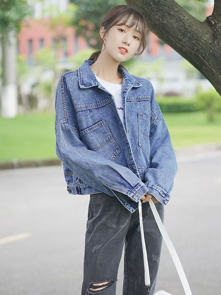 Naiste vabaaja teksajakk klassikalise kraega