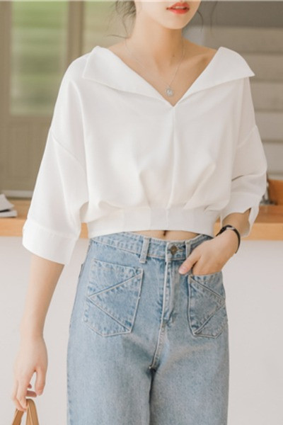 Moodne naiste lühike särk spits kaelusega tavaline mudel