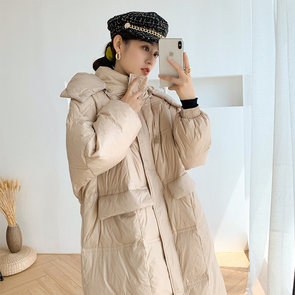 Hit ženska moderna duga jakna s kapuljačom - široki model