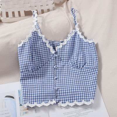 Lühike naiste ruuduline V-kaeluse ja nööpidega topp