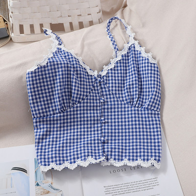 Lühike naiste ruuduline V-kaeluse ja nööpidega topp