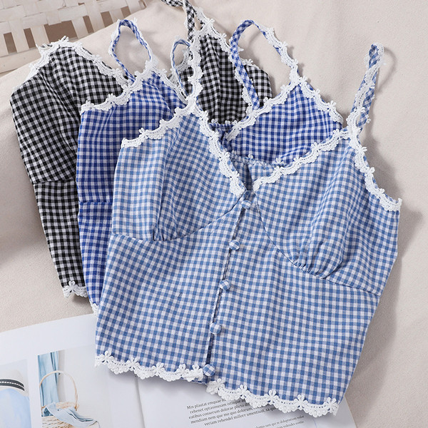 Lühike naiste ruuduline V-kaeluse ja nööpidega topp