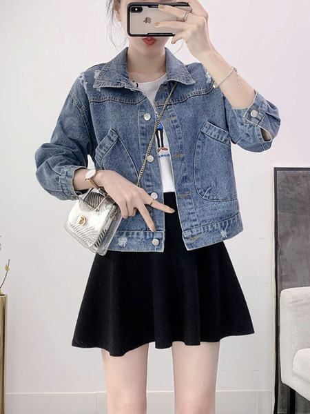 Lezser farmerdzseki szakadt motívumokkal és zsebekkel