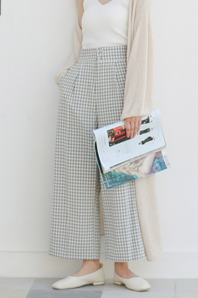 Női alkalmi kockás nadrág széles modell magas derékkal