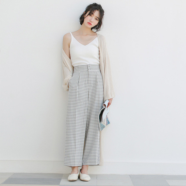 Női alkalmi kockás nadrág széles modell magas derékkal