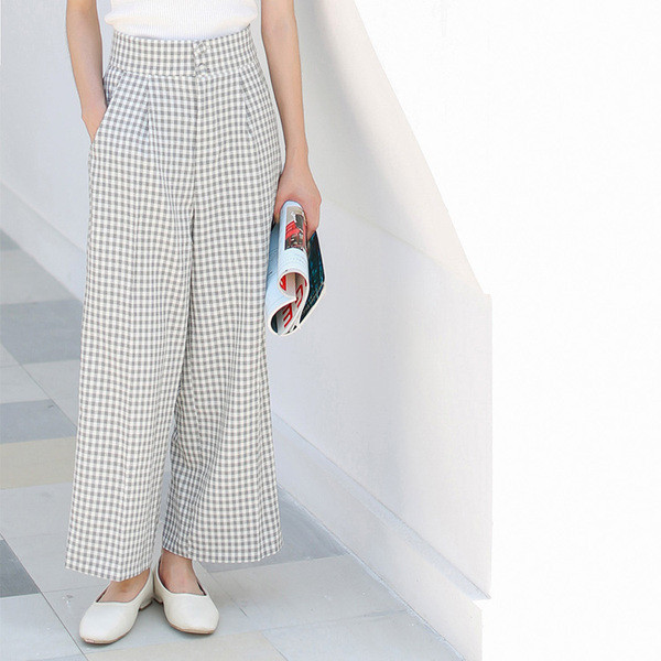 Női alkalmi kockás nadrág széles modell magas derékkal