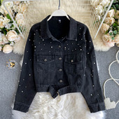 Must teksajakk taskute ja pärlitega