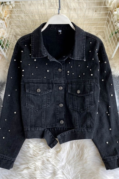 Must teksajakk taskute ja pärlitega