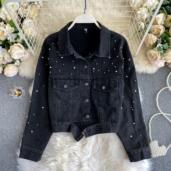 Must teksajakk taskute ja pärlitega