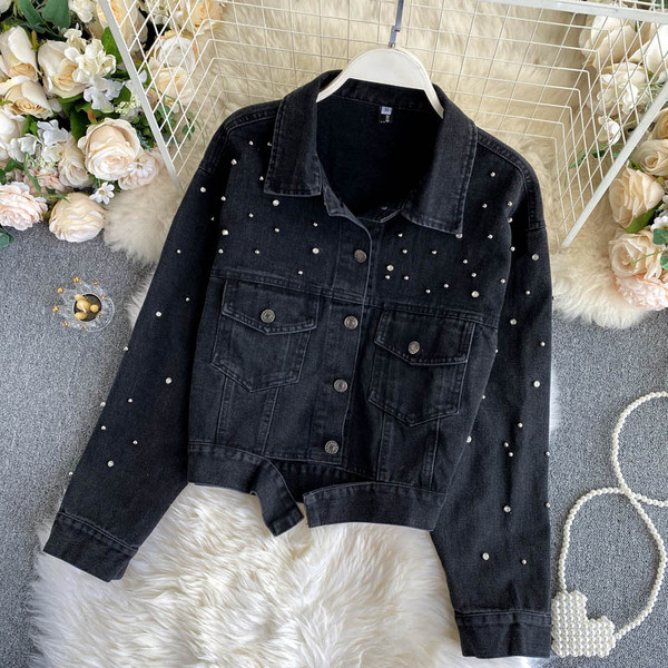 Must teksajakk taskute ja pärlitega