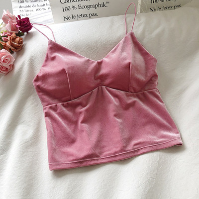 Bársony női felső V-nyakkal és vékony pántokkal