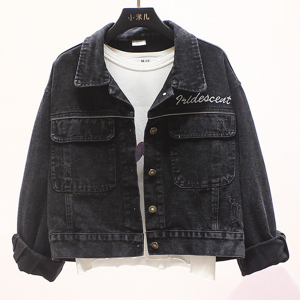 Női alkalmi farmer rövid kabát hímzéssel és hosszú ujjal