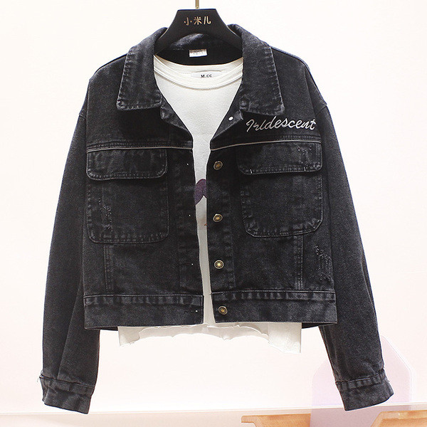 Női alkalmi farmer rövid kabát hímzéssel és hosszú ujjal