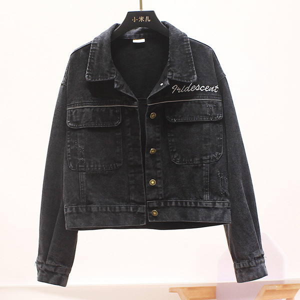 Női alkalmi farmer rövid kabát hímzéssel és hosszú ujjal