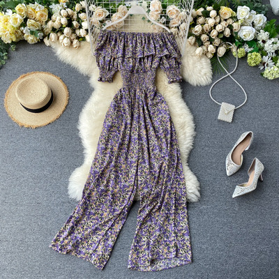 Μακριά γυναικεία casual ολόσωμη φόρμα με φλοράλ μοτίβο και ελαστικό