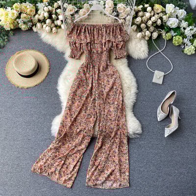 Μακριά γυναικεία casual ολόσωμη φόρμα με φλοράλ μοτίβο και ελαστικό