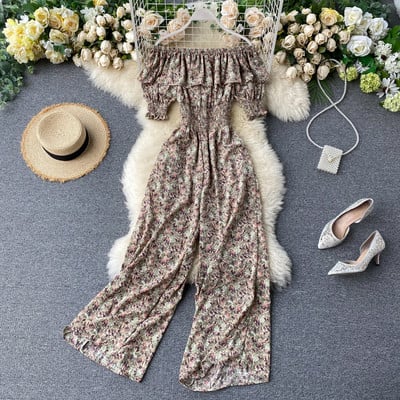 Μακριά γυναικεία casual ολόσωμη φόρμα με φλοράλ μοτίβο και ελαστικό