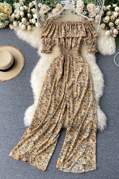 Μακριά γυναικεία casual ολόσωμη φόρμα με φλοράλ μοτίβο και ελαστικό