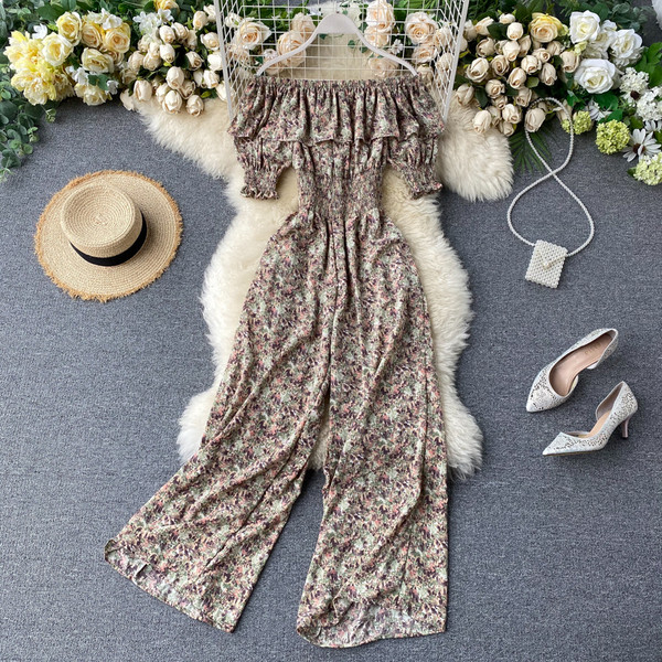 Μακριά γυναικεία casual ολόσωμη φόρμα με φλοράλ μοτίβο και ελαστικό