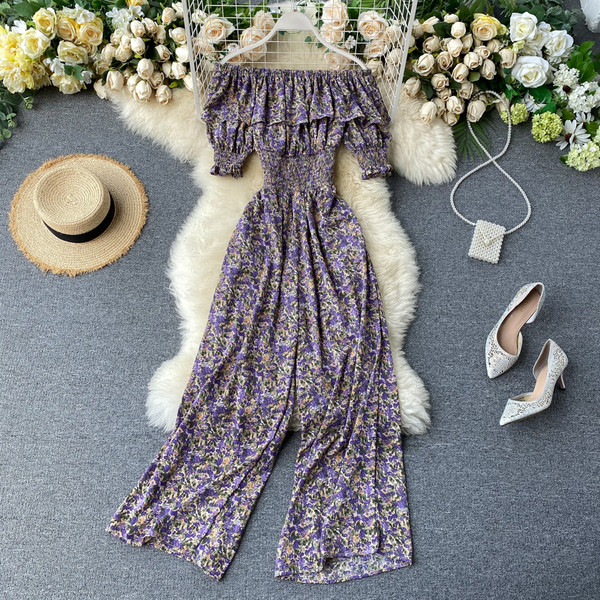 Μακριά γυναικεία casual ολόσωμη φόρμα με φλοράλ μοτίβο και ελαστικό