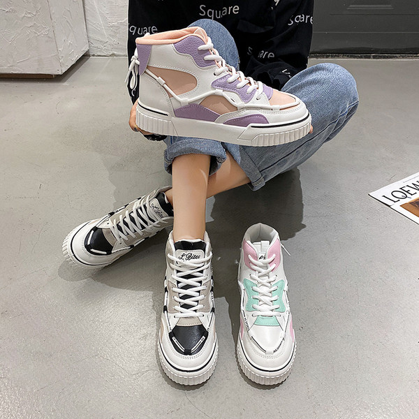 Γυναικεία χρωματιστά αθλητικά παπούτσια με κορδόνια - υψηλό μοντέλο