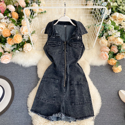 Γυναικεία ολόσωμη φόρμα τζιν με φερμουάρ και κλασικό κολάρο - μαύρο χρώμα