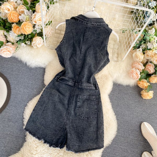 Γυναικεία ολόσωμη φόρμα τζιν με φερμουάρ και κλασικό κολάρο - μαύρο χρώμα