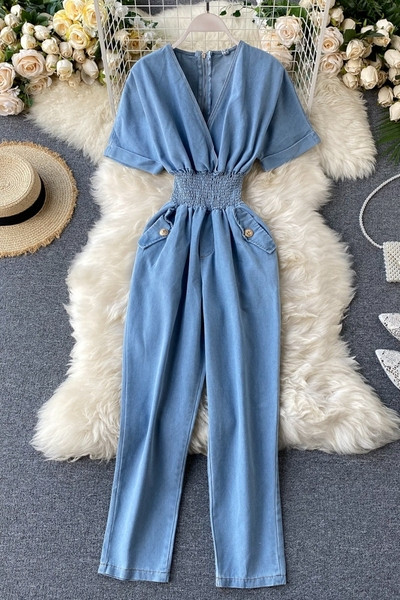 Μακρύ γυναικεία ολόσωμη φόρμα με λαστικό και τσέπη - μπλε χρώμα