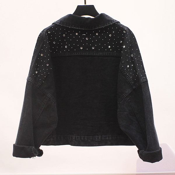 Γυναικείο casual τζιν μπουφάν με διακοσμιτικές πέτρες και μακριά μανίκια