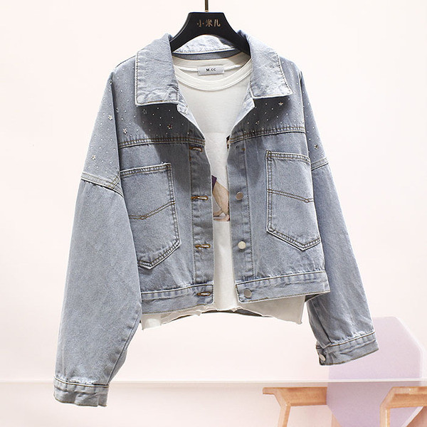 Γυναικείο casual τζιν μπουφάν με διακοσμιτικές πέτρες και μακριά μανίκια