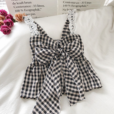 Γυναικείο καρό αμάνικο καρό με δαντέλα και κορδέλα