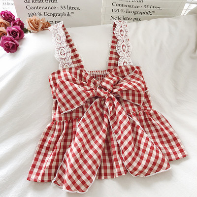 Γυναικείο καρό αμάνικο καρό με δαντέλα και κορδέλα