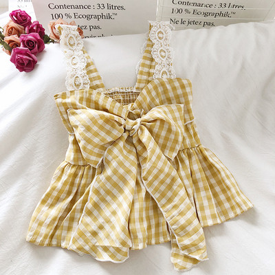 Γυναικείο καρό αμάνικο καρό με δαντέλα και κορδέλα