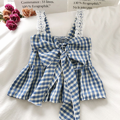 Γυναικείο καρό αμάνικο καρό με δαντέλα και κορδέλα