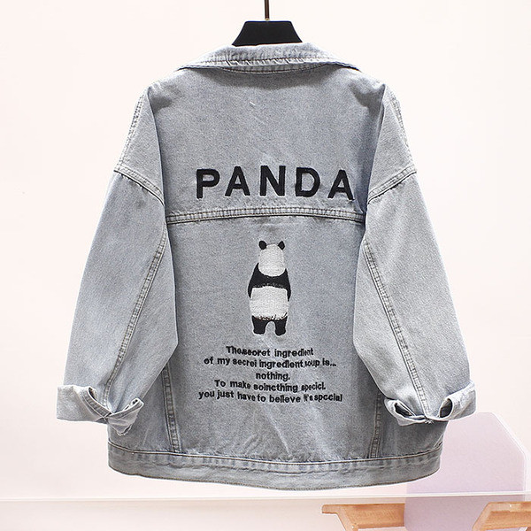 Μοντέρνο γυναικείο τζιν μπουφάν με μακριά μανίκια και κέντημα panda