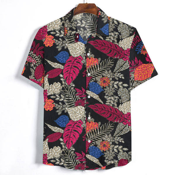 Modern férfi ing klasszikus gallérral és rövid ujjú virágmintával