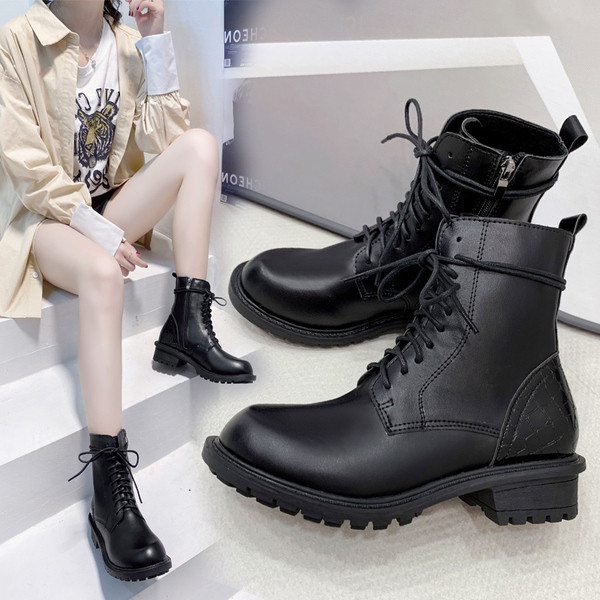 Γυναικείες έκο δερμάτινες μπότες με τραχιά σόλα