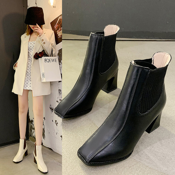 Modern női csizma szögletes sarkú öko bőrből