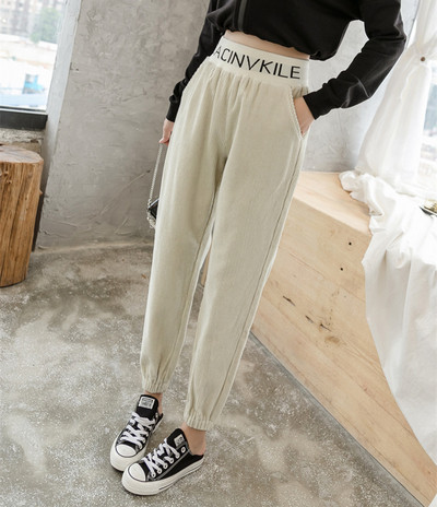 Női alkalmi bársony nadrág felirattal, magas derékkal