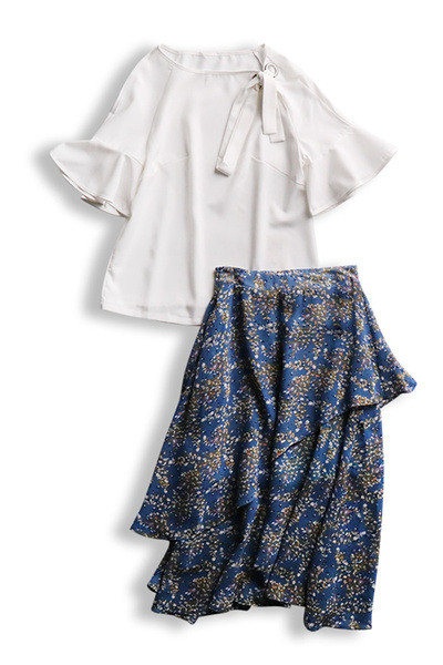 Modern női szett kétrészes blúz + szoknya magas derékkal