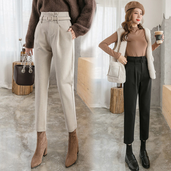 Κομψό γυναικείο ίσιο παντελόνι με ζώνη και ψηλή μέση