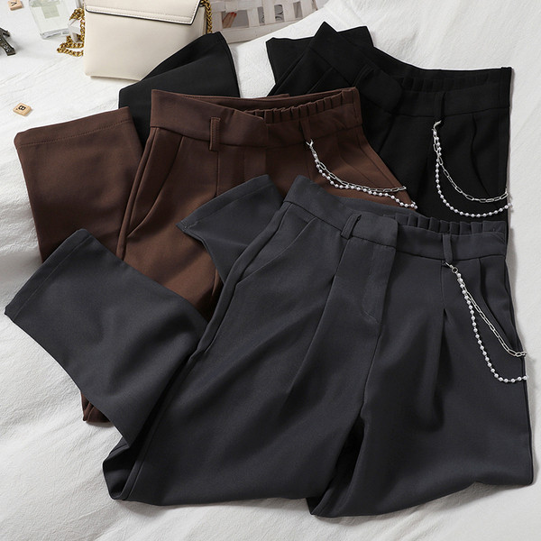 Moderne ženske hlače s visokim strukom i metalnim lancem