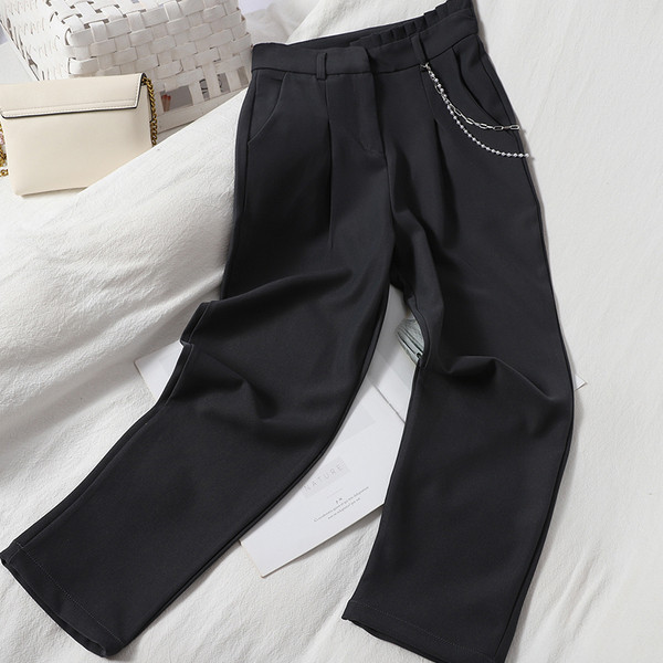 Moderne ženske hlače s visokim strukom i metalnim lancem