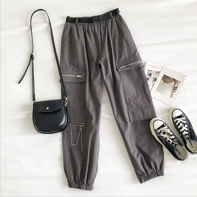 Casual γυναικείο παντελόνι με ζώνη και τσέπες - φαρδιά μοντέλο